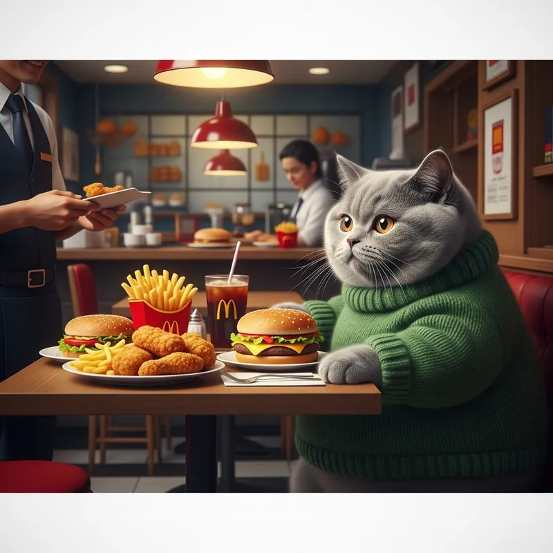 Realistic Scene of Grey British Kitten in Green Sweater at Fast-Food Restaurant