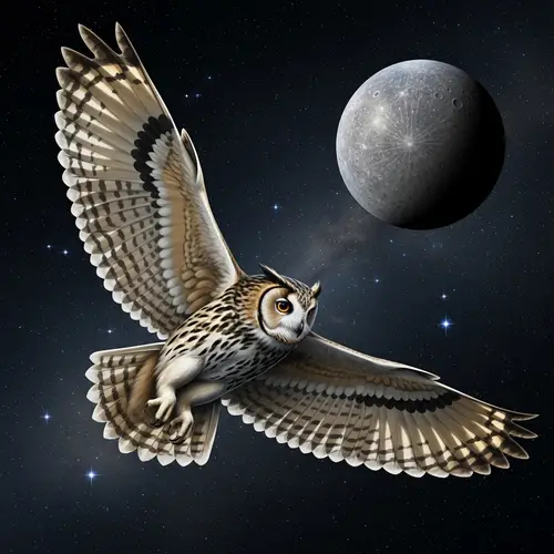 Graceful Owl Soaring Through Space with Mercury in Background
