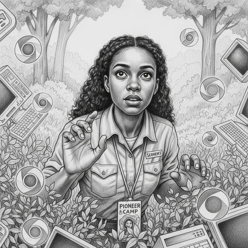 Pioneer Counselor Searching Among Bushes | Nostalgic Adventure Sketch Pioneer Counselor Searching Among Bushes | Nostalgic Adventure Sketch