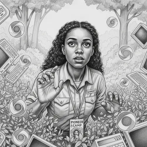 Diverse Female Pioneer Counselor Sketch | Adventure & Nostalgia