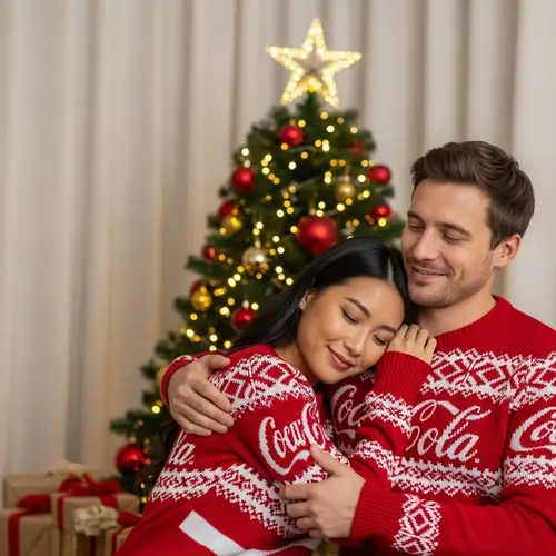 East Asian Woman and French Man in Festive Coke Sweaters Embrace by Christmas Tree