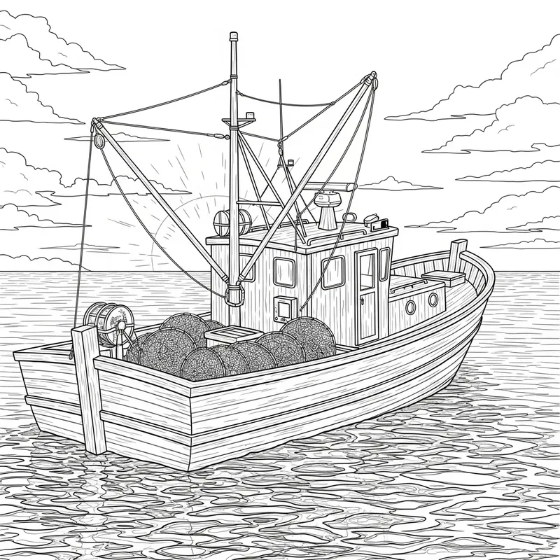 Detailed Fishing Boat Coloring Page with Wooden Cabin Detailed Fishing Boat Coloring Page with Wooden Cabin