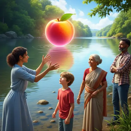 Magical scene of a peach floating down river