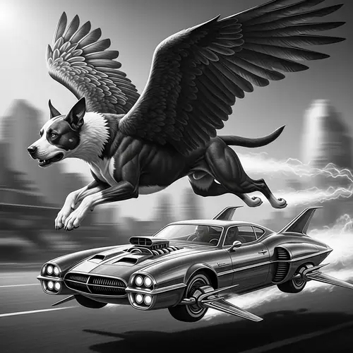 Dog with Wings Racing a Flying Car - Amazing Image