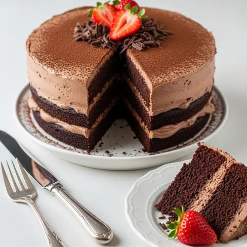 Decadent Three-Layer Chocolate Cake with Strawberries