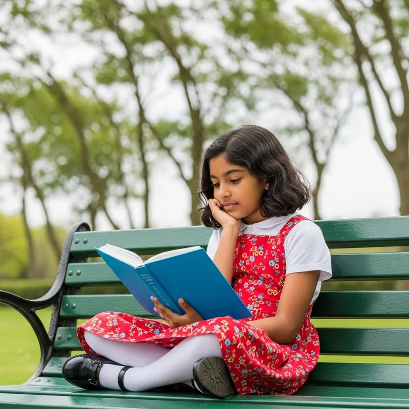 Young South Asian Girl Sitting on Green Park Bench with Book Young South Asian Girl Sitting on Green Park Bench with Book