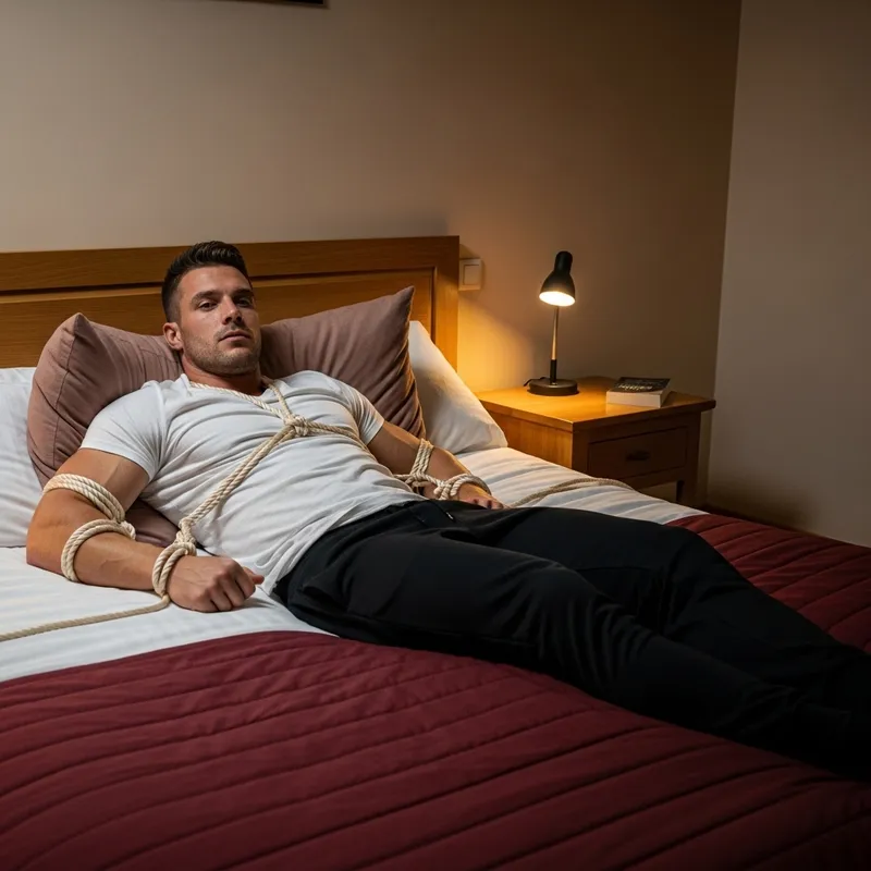 Strong Man Lying on Bed | Softly Restrained | Neutral Expression