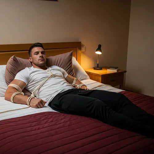 Muscular Man Tied to Bed | Neutral Expression | Soft Ropes