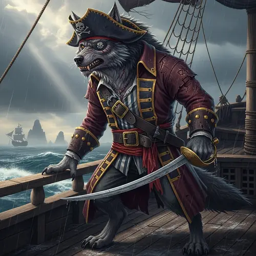 Menacing Pirate-Wolf on Pirate Ship - Hyperrealism Art