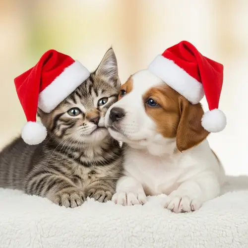 Kitten and Puppy in Festive Christmas Hats | Cute and Joyful Image