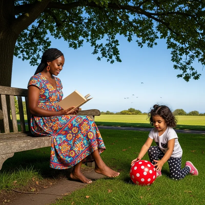 Bright Summer Scene: Black Woman Reading Book with Middle-Eastern Girl Playing in Park