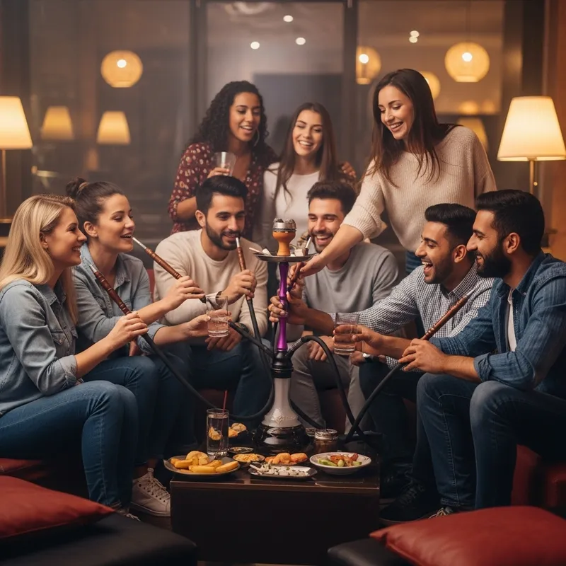 Vibrant Scene of 7 Friends Embracing Quality Time at Hookah Bar