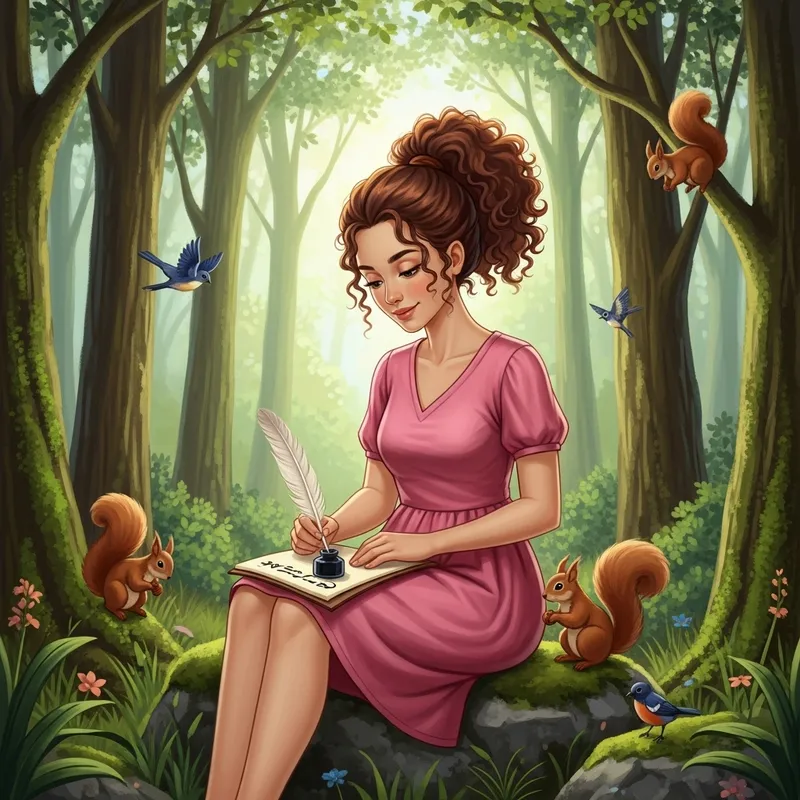 Joyful Girl Writing in Forest | Serene Natural Environment