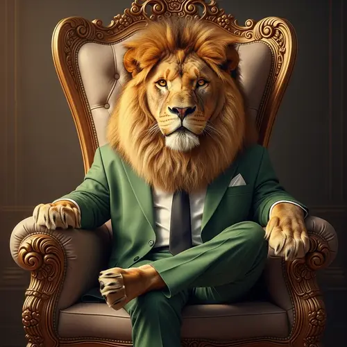 Lion in a Green Suit Sitting on the Throne