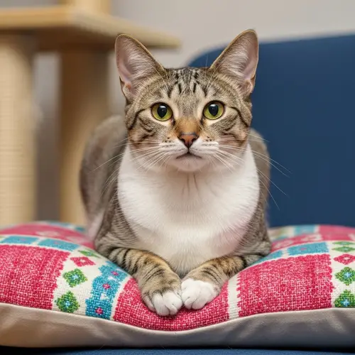 Elegant Cat on Colorful Cushion | Domestic Feline Scene