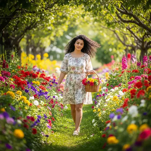 Beautiful Middle-Eastern Girl in Enchanting Blooming Garden