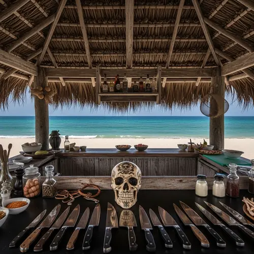 Pirate Skull Art & Gleaming Chef's Knives in Beachfront Hut