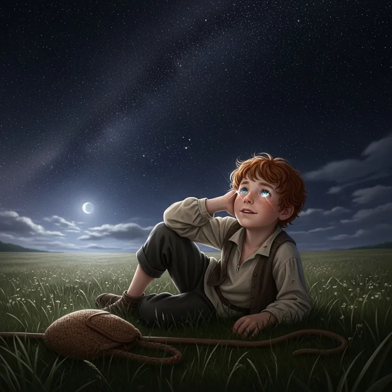 Young Red-Haired Shepherd Boy in Awe Under Starry Night