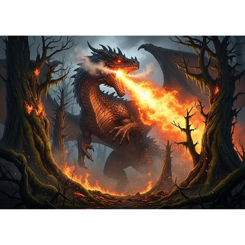 Furious Dragon Breathing Fire in Forest - Awe-inspiring Image