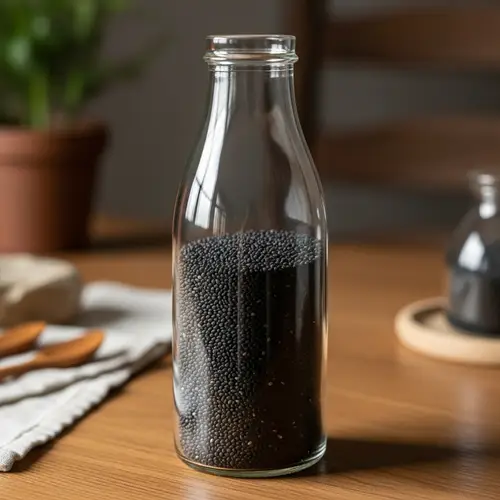 Glass Bottle with Black Seeds on Wooden Table