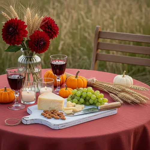 Rustic Autumn Harvest Table Setting with Red Wine