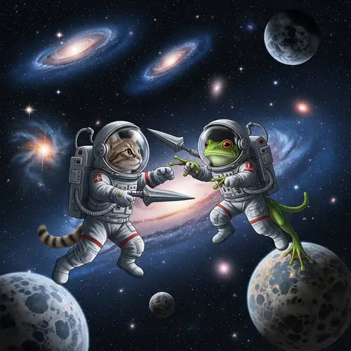 Cat and Frog Playful Battle in Space | Cosmic Interspecies Companionship