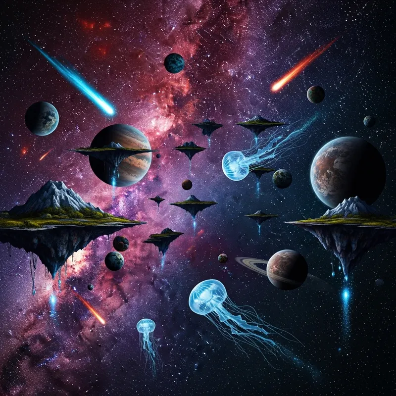 Surreal Galaxy Scene: Vivid Colors & Alien Lifeforms