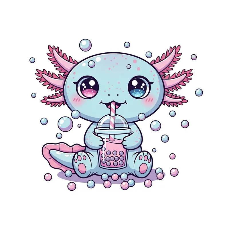 Pastel Axolotl Sipping Bubble Tea with Bubbles and Pearls