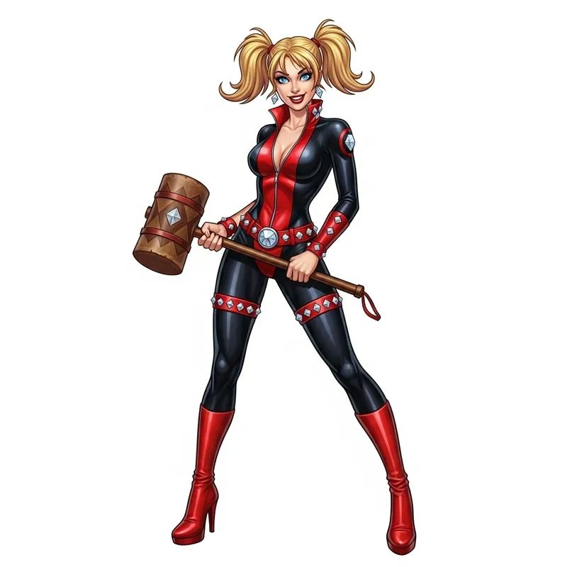 Daring Black and Red Harley Quinn Inspired Woman with Mallet