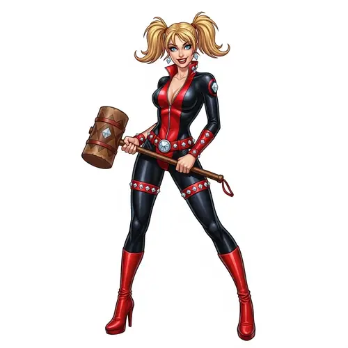 Daring Blonde Woman in Black and Red Jumpsuit with Mallet