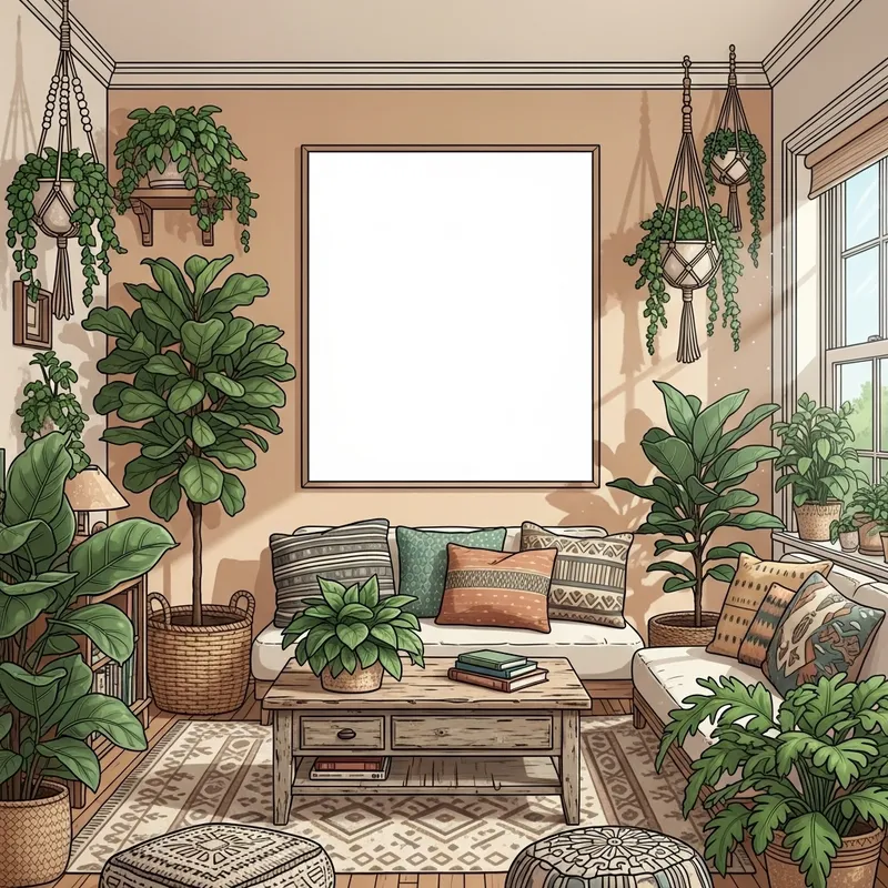 Tranquil Boho Living Room with Lush Green Houseplants