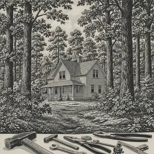 Vintage Two-Story Forest House with Tools