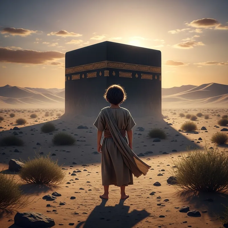 Middle-Eastern Boy Standing in Pre-Islamic Desert with Kaaba Middle-Eastern Boy Standing in Pre-Islamic Desert with Kaaba