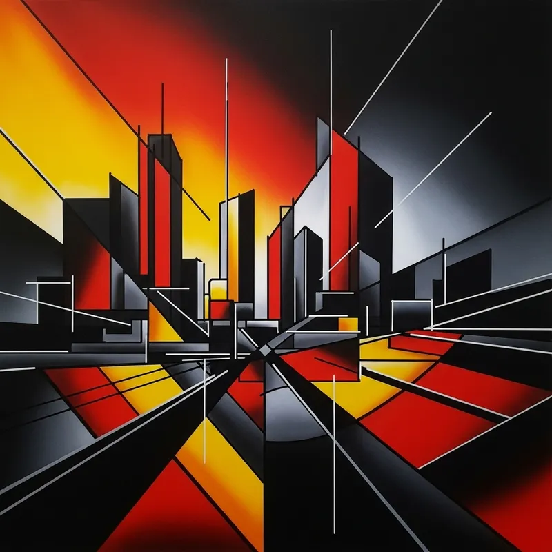 Vibrant Cityscape: Abstract Shapes & Fiery Colors