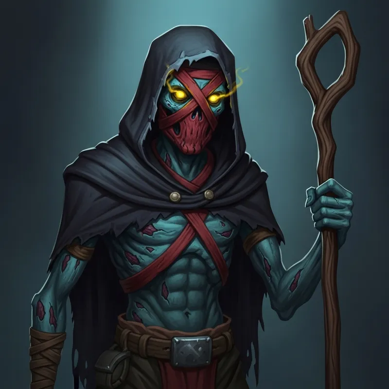 Mystical Undead Figure with Glowing Yellow Eyes and Wooden Staff