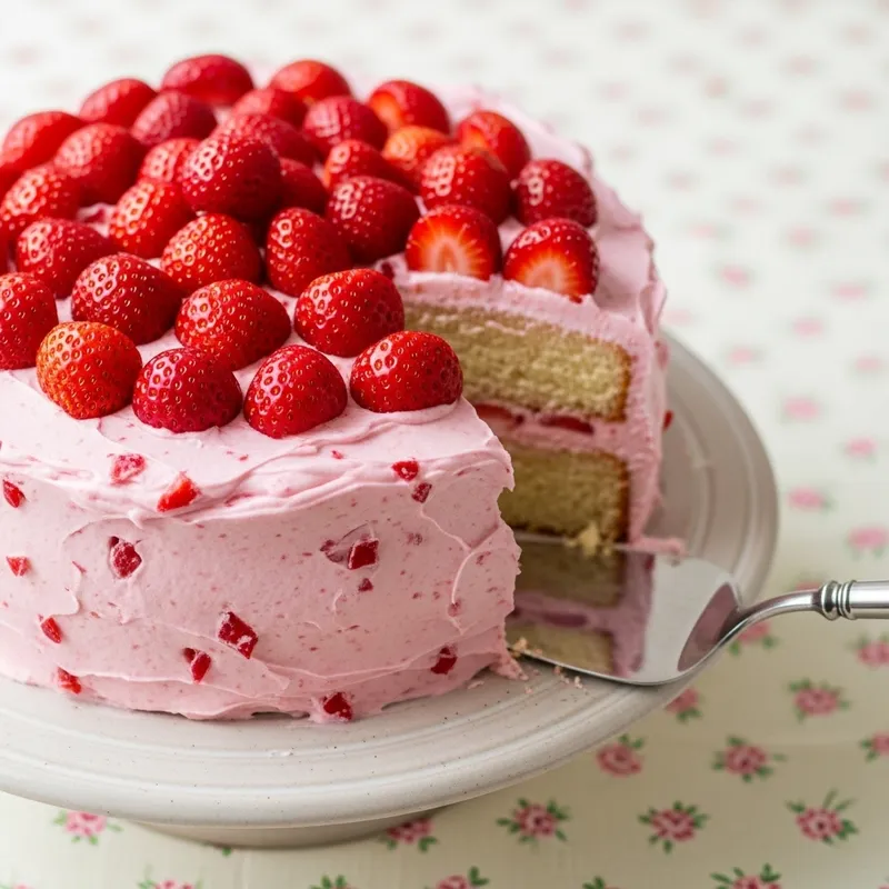 Tasty Strawberry Cake with Frosting and Fresh Strawberries
