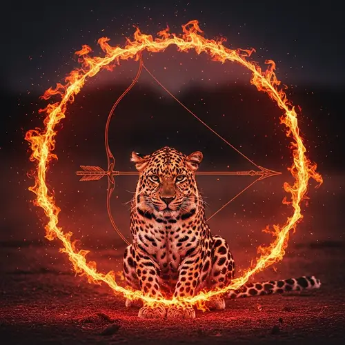 Vivid Scene: Leopard Amid Ring of Fire and Distant Arrow