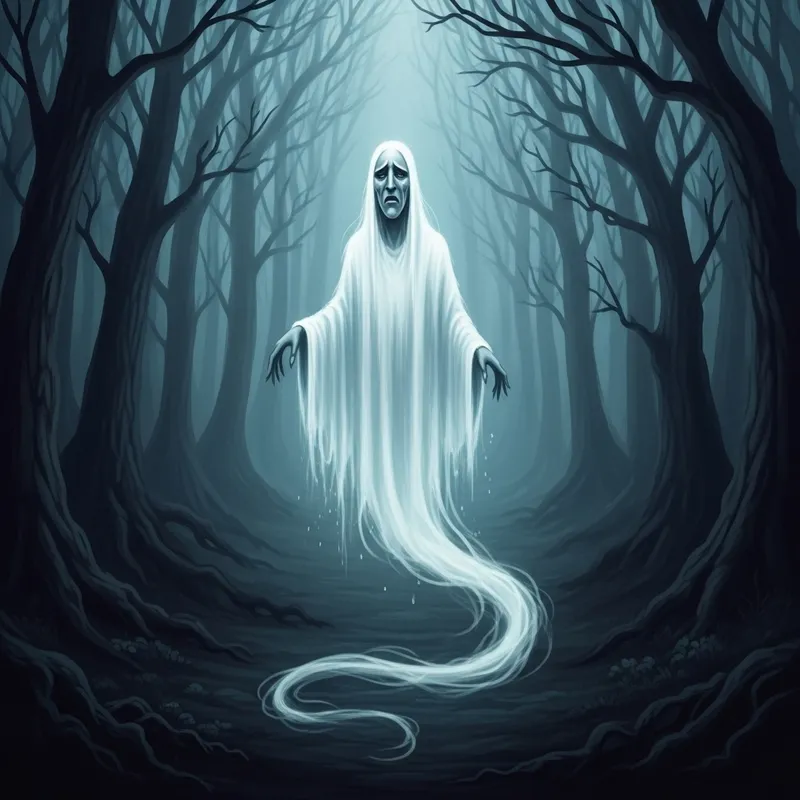 Ghostly Figure in Dark Misty Forest - A Chilling Encounter | Website Name