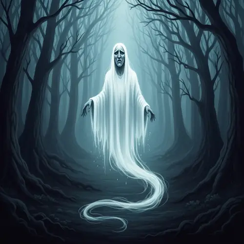 Ghostly Figure in Dark Misty Forest