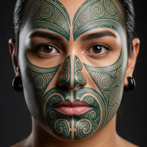 Maori Facial Tattoo: Intricate Patterns in Blue & Green