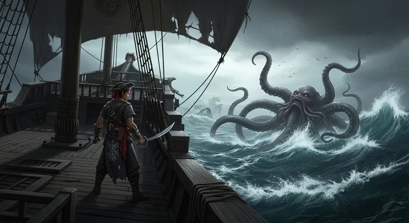Dark Fantasy Pirate Battling Kraken on Stormy Seas
