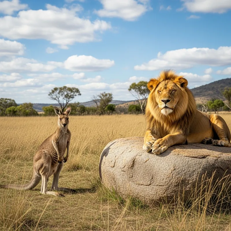 Kangaroo and Lion Coexistence in Natural Habitat