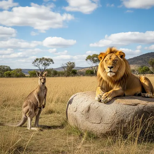 Kangaroo and Lion Coexistence in Natural Scene