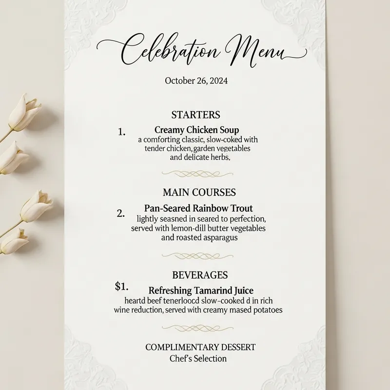 Special Day Menu: Chicken Soup, Fried Trout, Stewed Beef & Tamarind Juice Special Day Menu: Chicken Soup, Fried Trout, Stewed Beef & Tamarind Juice