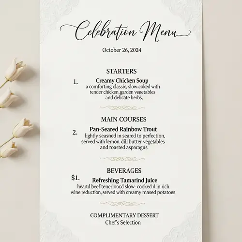 Special Day Menu: Chicken Soup, Fried Trout, Stewed Beef, Tamarind Juice & Dessert