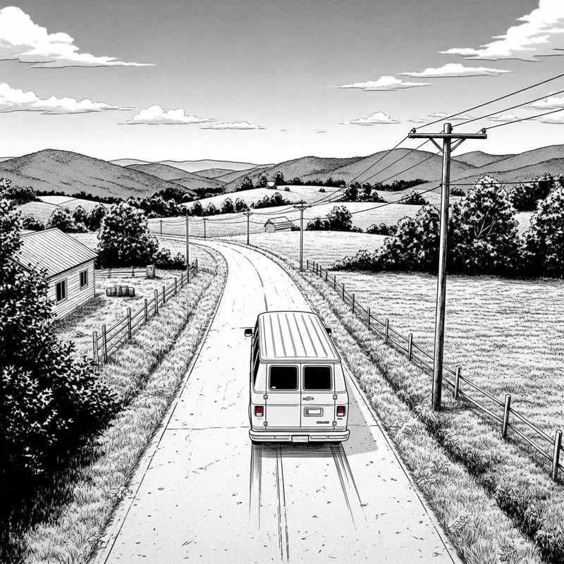 1982 White Van Drives Down Appalachian Foothills