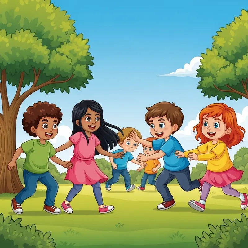 Cheerful Children Playing Tag Game in Park