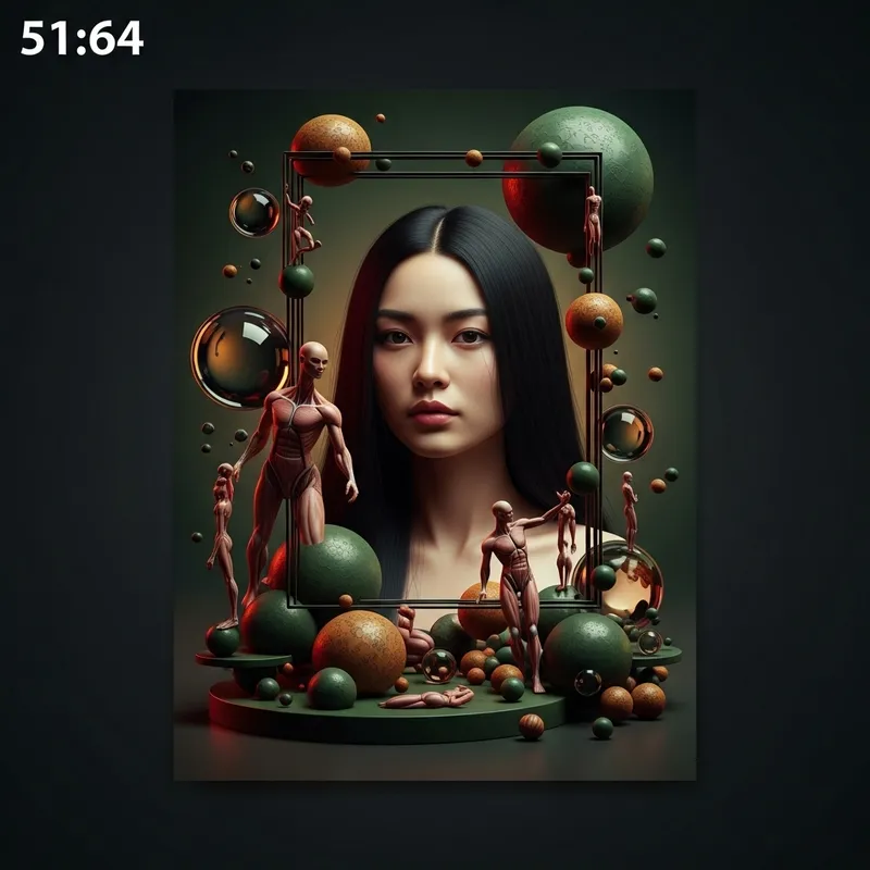 Surreal Digital Art: Woman with Long Black Hair in Amber Green and Violet Landscape