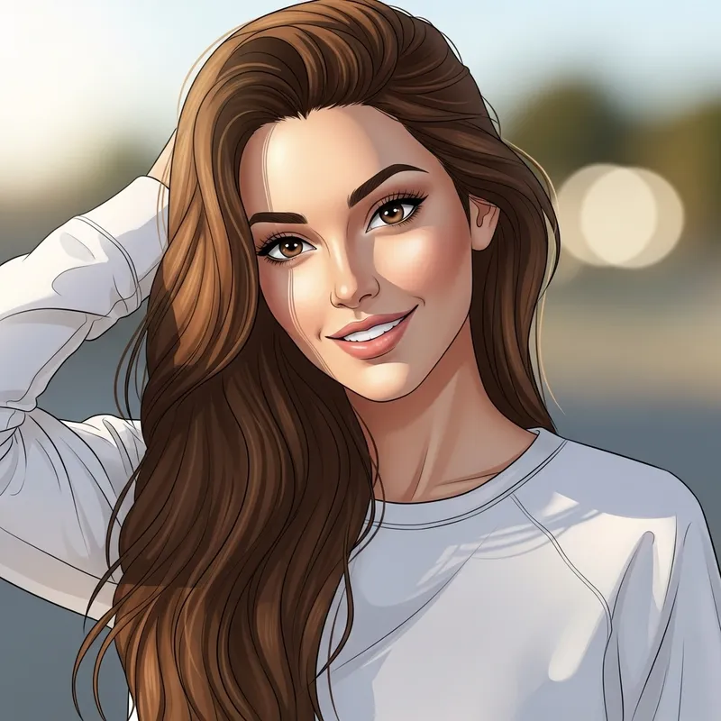 Lucy Pinder Illustration | Serene Woman with Long Brown Hair Lucy Pinder Illustration | Serene Woman with Long Brown Hair