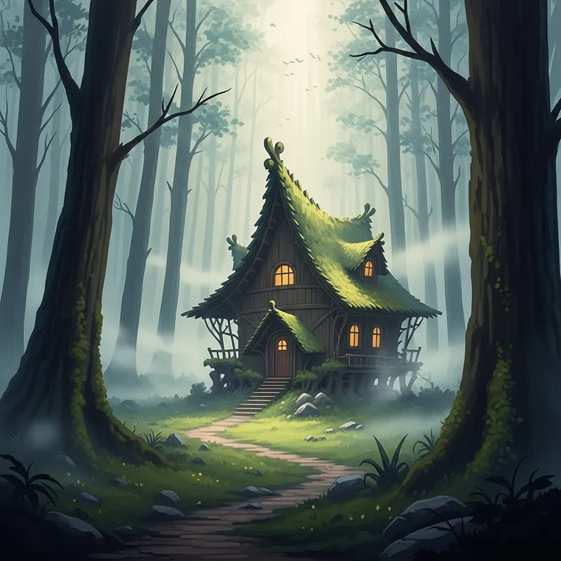 Enchanting Mystical Forest with Ethereal Glow and Organic House Enchanting Mystical Forest with Ethereal Glow and Organic House